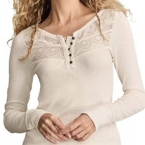 Lucky Brand Cream Lace Long Sleeve Henley Top